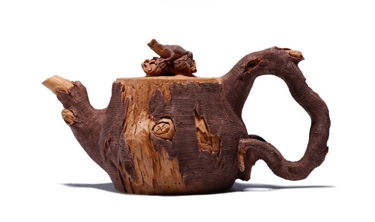仿木外皮紫砂壺，創(chuàng)意木樁手工雕刻紫砂壺